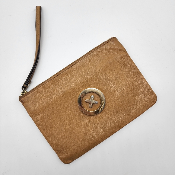 Mimco Bags Mimco Tan Leather Gold Tone Logo Pouch Wrislet Clutch Bag Poshmark